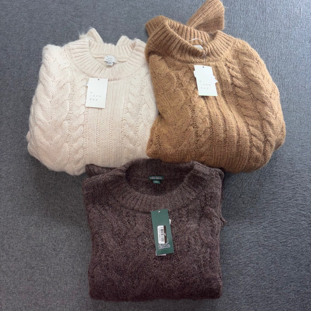Lot of 3 NWT A New Day & Wild Fable Cable Knit Sweaters Cream Tan Brown Large